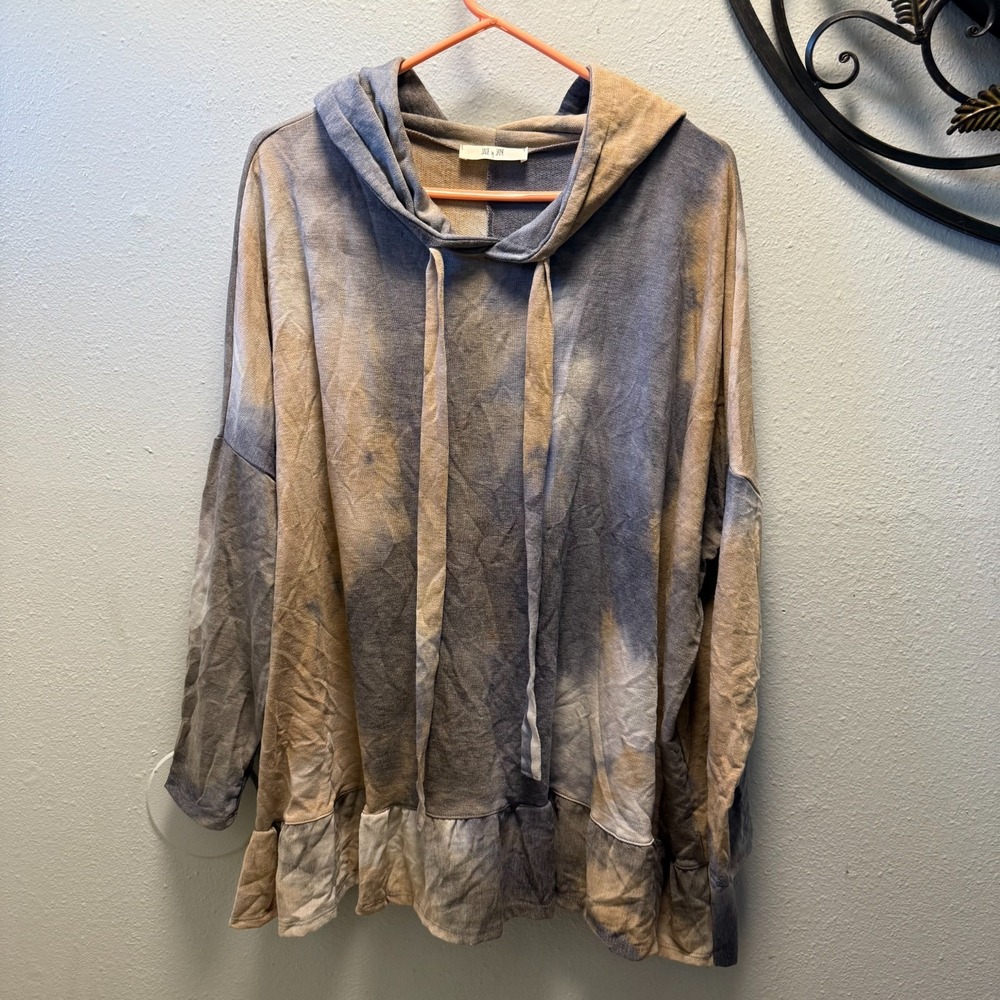 Women's‎ Tie Dye Hoodie Tunic Top Ruffle Hem Beige Gray Boho Style XL